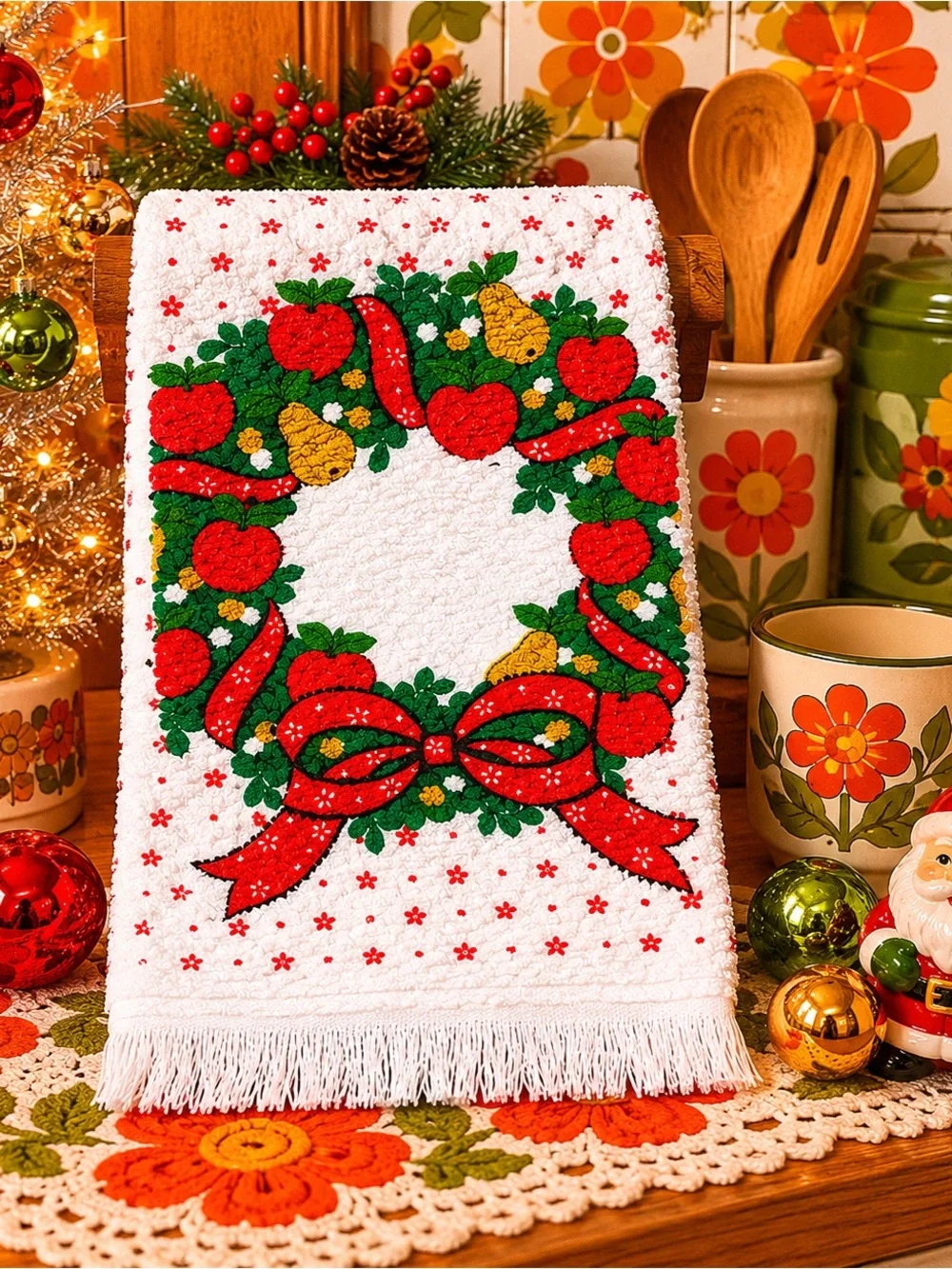 NOS Vintage Royal Treasure Christmas Hand Towel Fruit Wreath Apples Pears USA